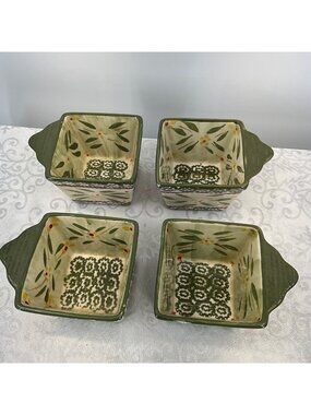 Temp-Tations Old World Green Square 10 Oz Ramekins Set Of 4 With Lid Oven & Dish